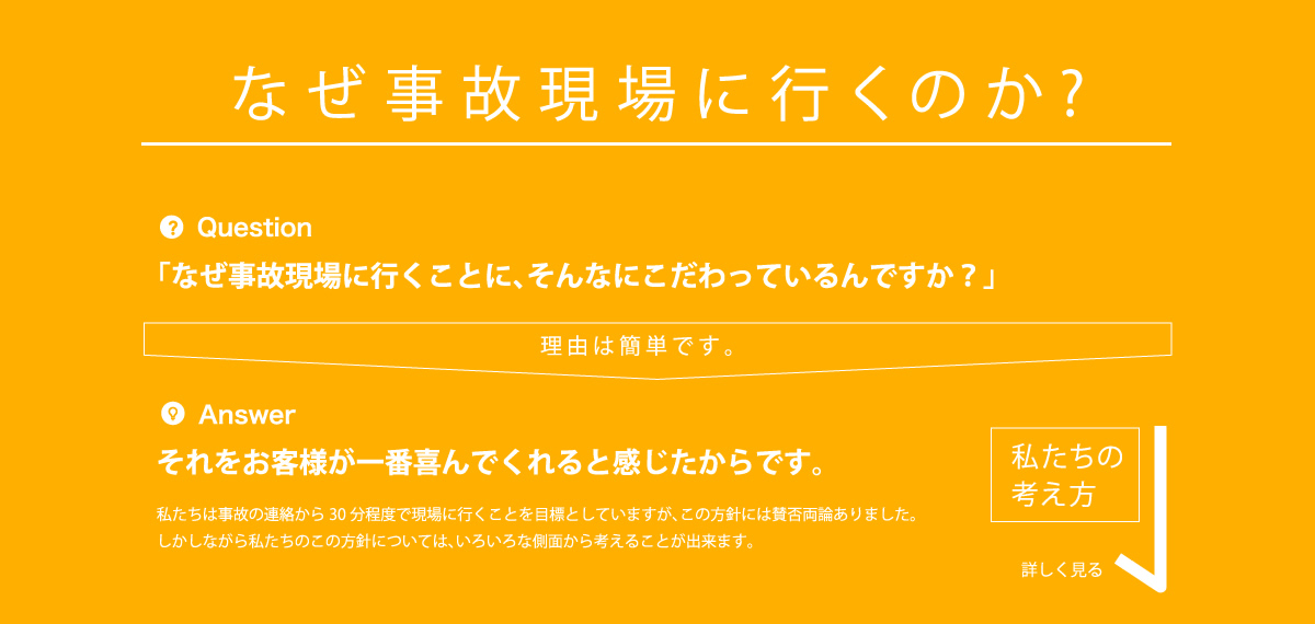 なぜ事故現場に行くのか?「なぜ事故現場に行くことに、そんなにこだわっているんですか？」理由は簡単です。それをお客様が一番喜んでくれると感じたからです。私たちは事故の連絡から30分程度で現場に行くことを目標としていますが、この方針には賛否両論ありました。しかしながら私たちのこの方針については、いろいろな側面から考えることが出来ます。