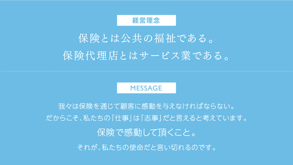 経営理念 保険とは公共の福祉である。保険代理店とはサービス業である。MESSAGE 我々は保険を通じて顧客に感動を与えなければならない。だからこそ、私たちの「仕事」は「志事」だと言えると考えています。保険で感動して頂くこと。それが、私たちの使命だと言い切れるのです。